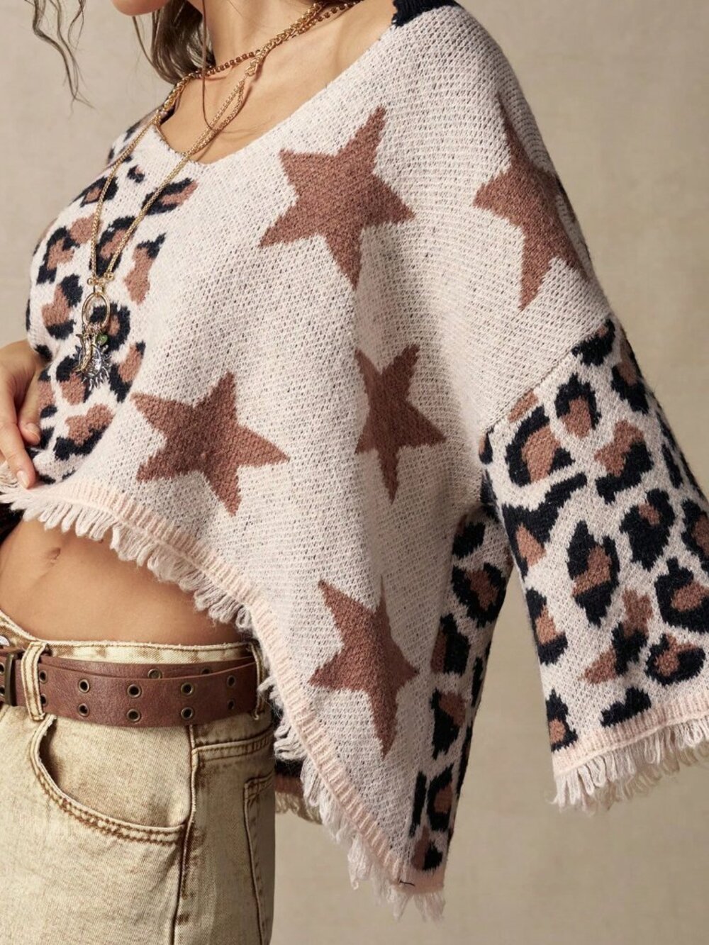 Brown Casual Women's Leopard Print & Star Sweater - Picture 5 of 8